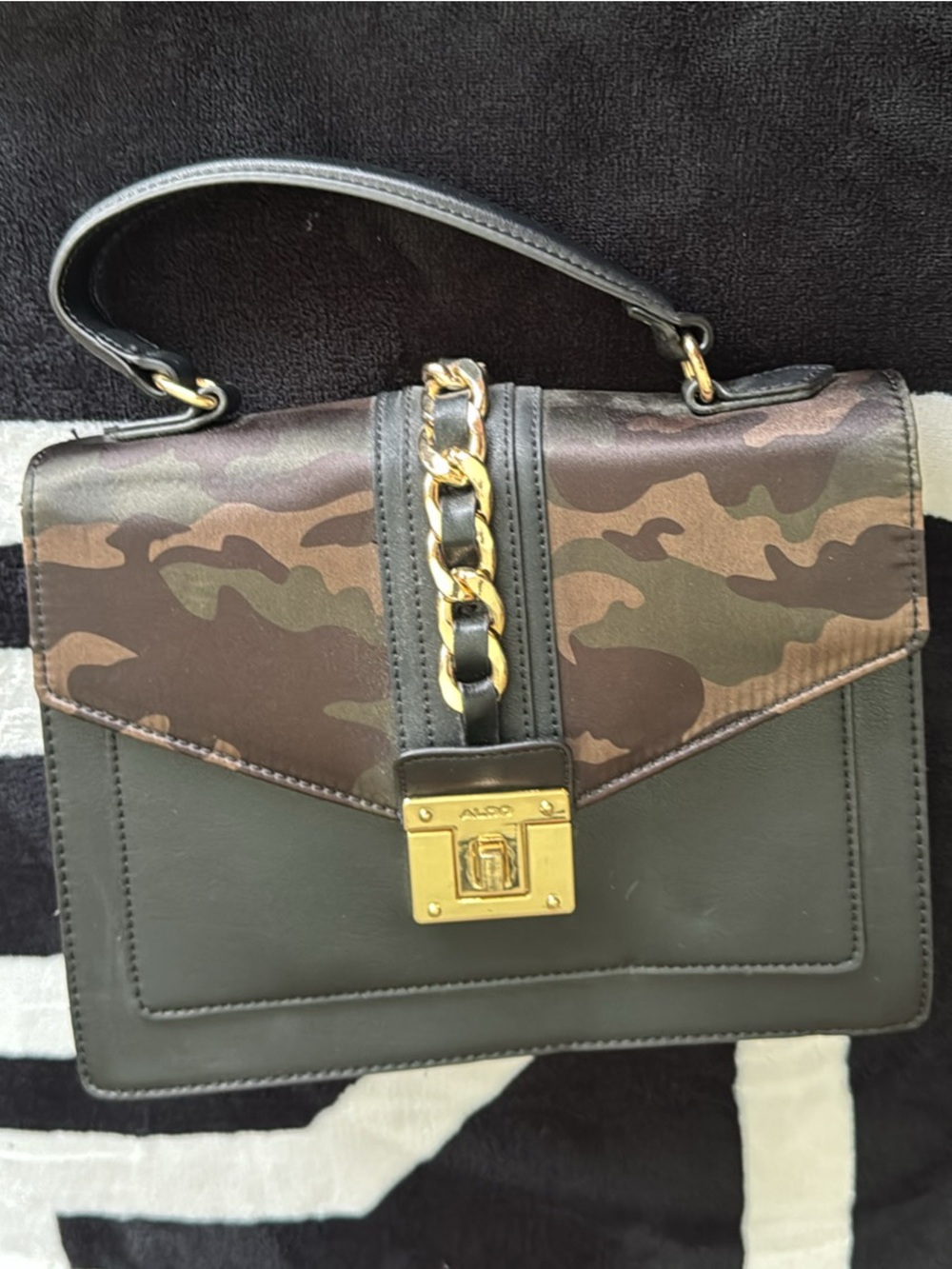 Aldo Olive Green Camouflage Top-Handle Satchel with Gold Hardware - Picture 2 of 4